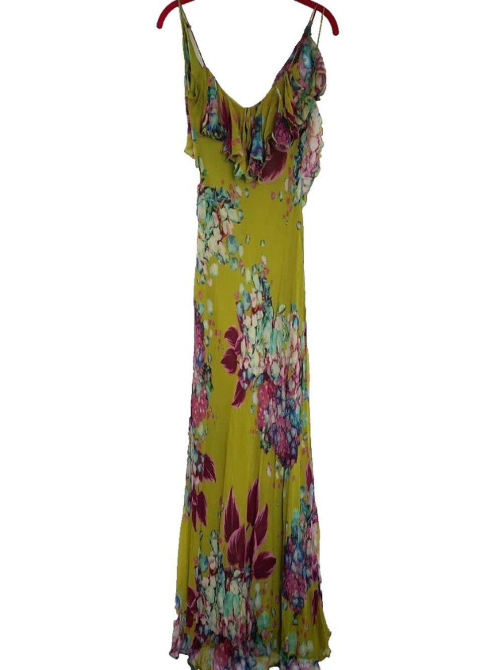Mango Floral Ruffle Maxi Dress in Chartreuse and Magenta